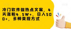 冷门软件做热点文案,4天涨粉4.5W+,日入500+,多种变现方式【揭秘】-私藏资源社