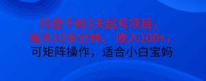 抖音干粉3天起号项目,每天10多分钟,收入100+,可矩阵操作,适合小白宝妈-私藏资源社